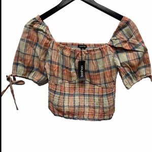 Boohoo Bardot Shirred Off the Shoulder Top US 6